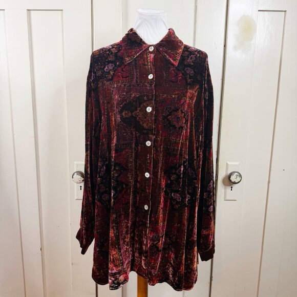 Coldwater Creek Womens Silk Dark Floral Velvet Button Up Top Size 2X Artsy Event - Picture 1 of 6